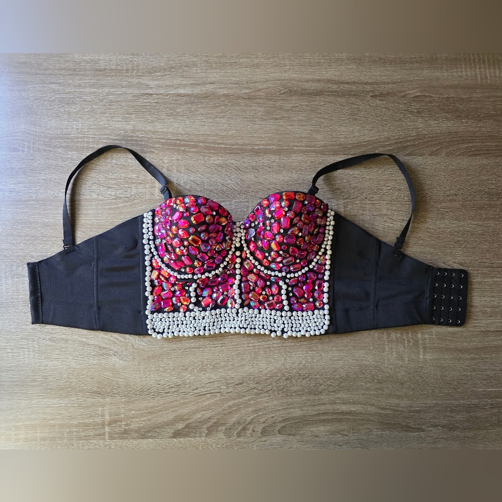 Rhinestone Pearl Bustier Crop Top – Y2K Baddie Corset Style (M/L) - Picture 3 of 5